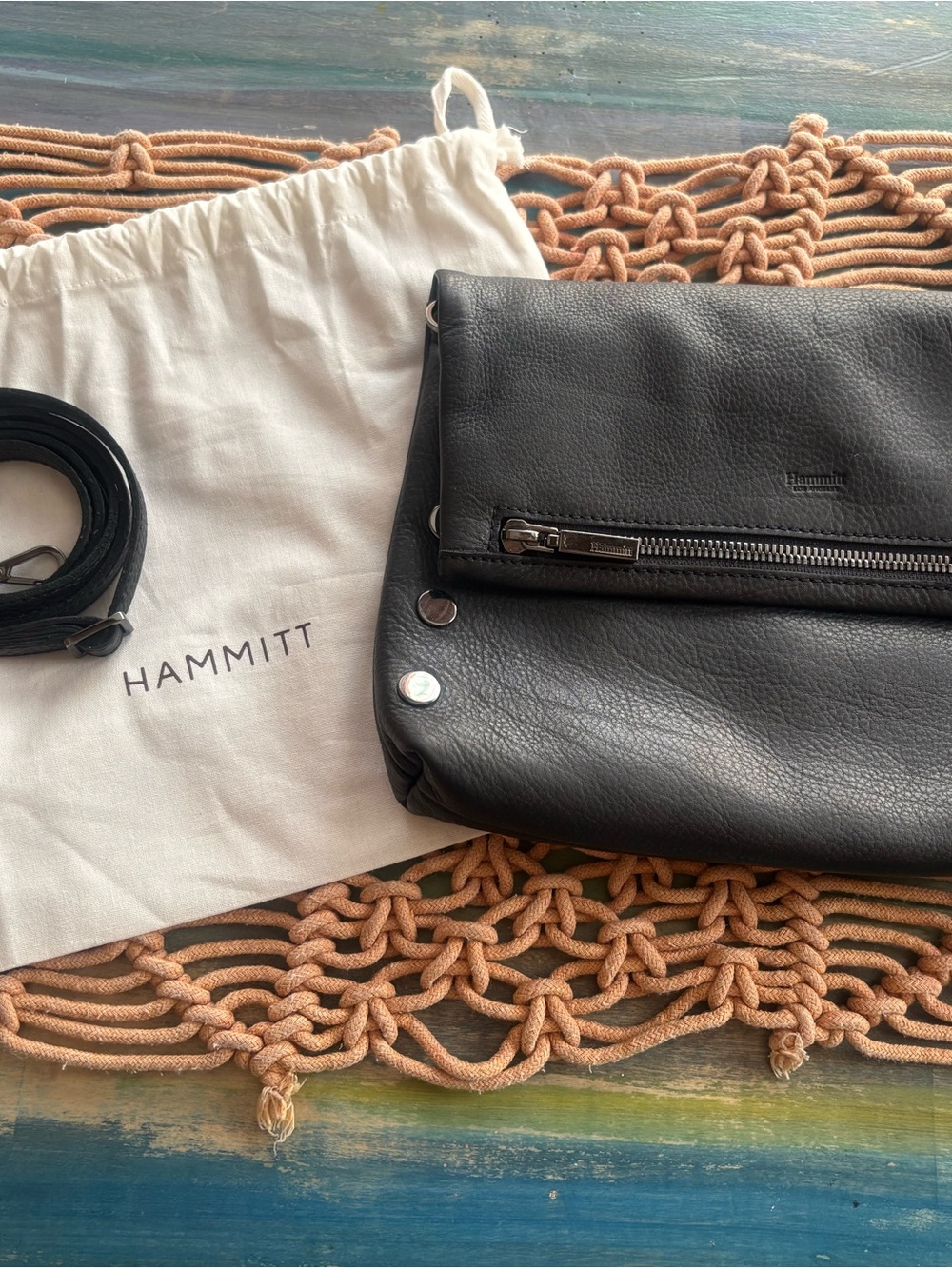 Hammitt Black Leather Messenger Crossbody with Silver Hardware